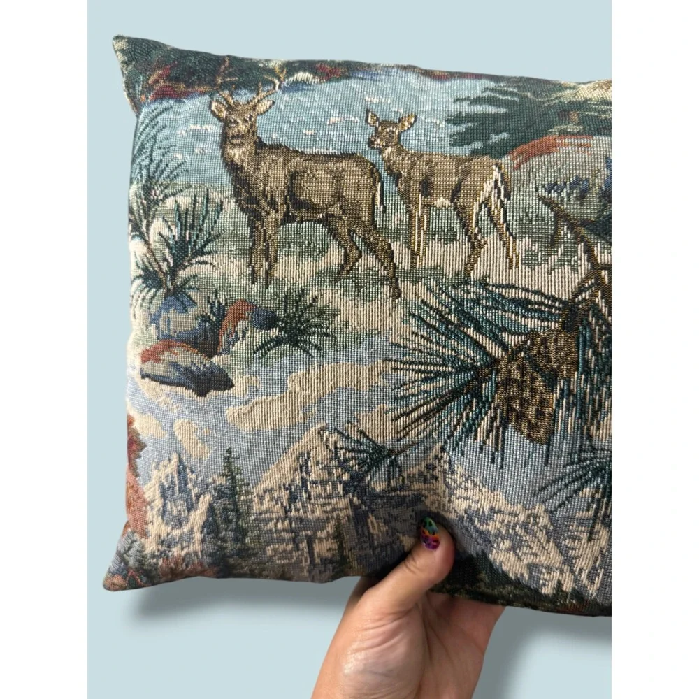 Deer Tapestry Pillow 16x11 Woodland Cabin Lodge Decor Mountain Pinecone Accent